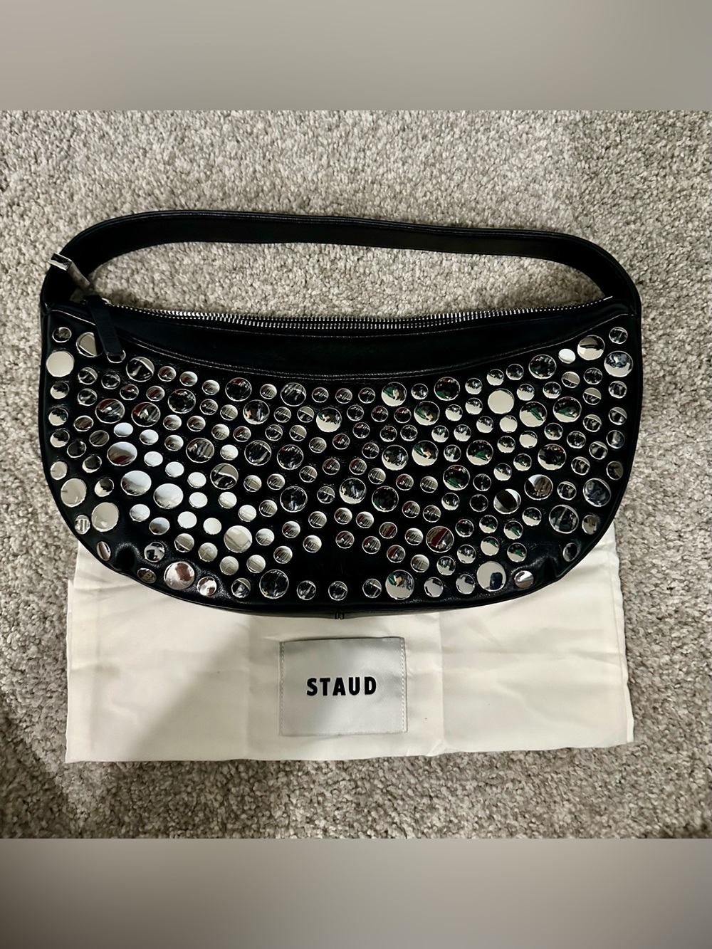 NWOT- STAUD  Demy Mirror Embellished Leather Shoulder Bag in black.